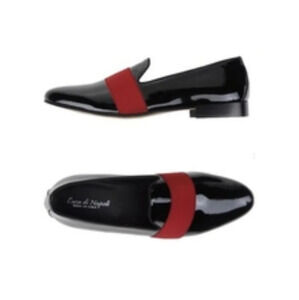 New men's black patent leather Luca Di Napoli dress shoes with red cloth stripe